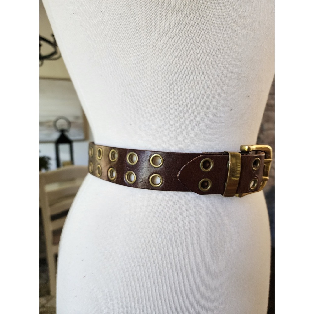 Brown Leather Grommet Belt with Brass Buckle - Women Accessories - Picture 3 of 10